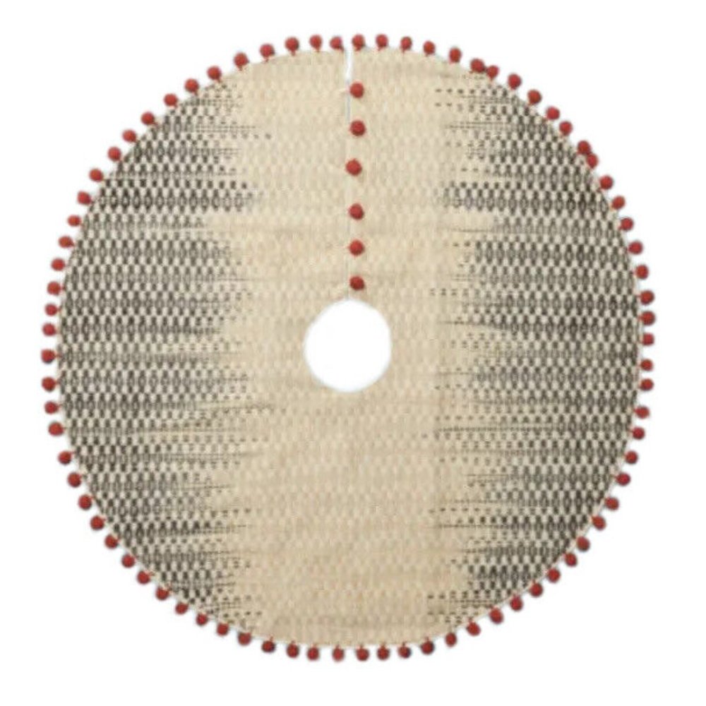 Magnolia Home Chantilly Wool Blend Knit Tree Skirt Earthy Cream Gray Red Pom Pom